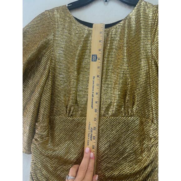 Shona Joy Cleo Circle Sleeve Ruched Mini Dress Womens 8 Gold Metallic Crepe - Picture 12 of 16